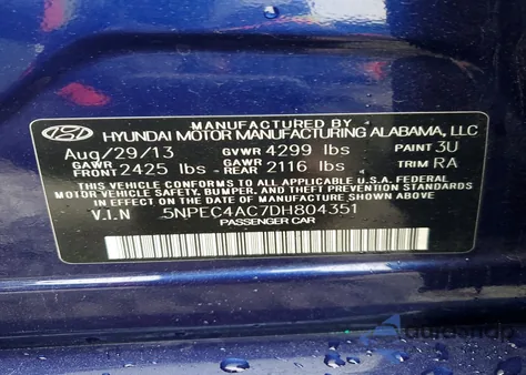 2013 Hyundai Sonata Se из США, поврежденный, VIN 5NPEC4AC7DH804351